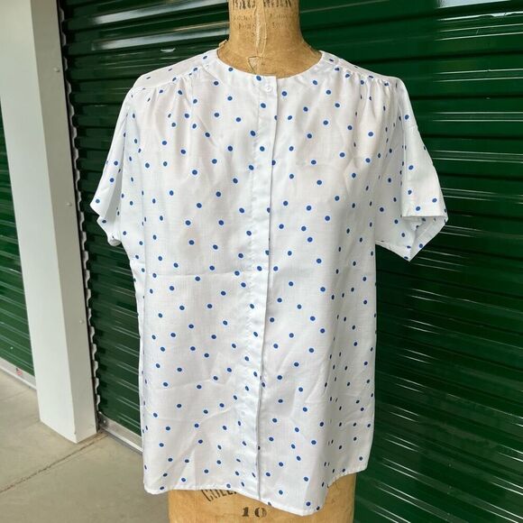 Vintage 80s Pykettes White & Blue Polka Dot Short Sleeve Blouse XL USA - Picture 2 of 9
